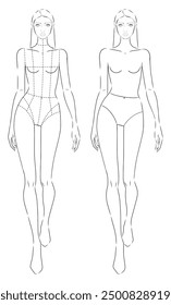 Ilustración de figura de moda caminando. Ilustración de Plantilla de Vector de figura femenina. Plantilla Croquis. Plantilla de figura de 9 cabezas. Plantilla estilizada de la figura con la cara asiática. vista frontal. Conjunto de maqueta CAD.