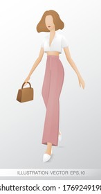 Walking fashion woman wears long pant with crop top shirt and hold a brown handbag illustration vector.
