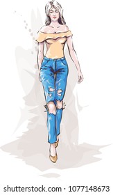 Walking fashionable modern beautiful girl in ragged jeans. Drawing by hand. Vector image.
