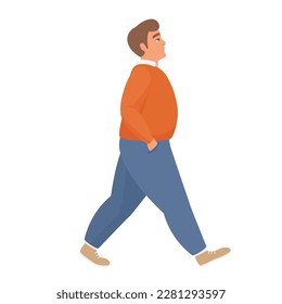 Walking fat boy. Chubby man going for a walk, obese people vector cartoon illustration