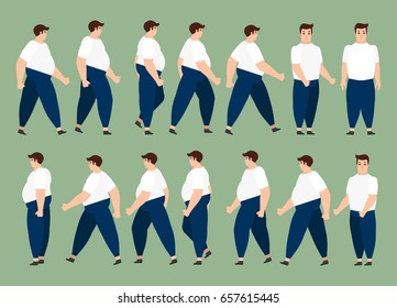 Walking Fat Man For Animation 14 Frame Sequence. Flat Character Cartoon Style. Vector Illustration.