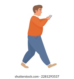 Walking fat man with smartphone. Obese boy using mobile vector cartoon illustration