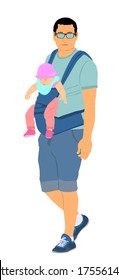 Walking father carry little sleeping baby girl on chest vector illustration isolated on white. Parent with daughter. Man holding kid. Happy family closeness in public. I love dad. Birthday celebration