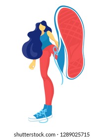 Walking feet female view from below. Vector flat cartoon illustration.