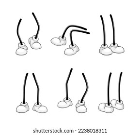 Pies a pie en entrenadores blancos zapatillas en patas de palo en varias posiciones caricatura ilustración vectorial