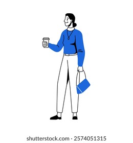 Walking female character holding cup of coffee and looking aside. Vector isolated strolling personage, elegant businesswoman with luxurious clothing and accessories. Modern girl on free time