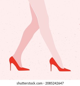 Walking female legs in high heels red shoes vector illustration. Classy feminine fashion background. Girl boss power graphic design.