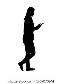 Walking female with phone silhouette vector on white