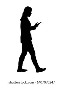 Walking female with phone silhouette vector on white