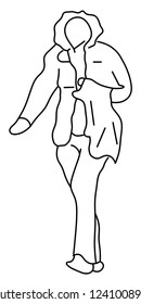 Walking female silhouette, black and white sketch. Line art.