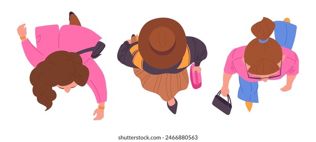 Walking female top view. Moving diverse women group view from above, girls strolling flat vector illustration set. Cartoon female top view