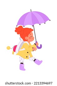 Walking flat icon Happy girl under purple umbrella