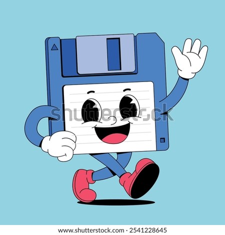 Walking floppy disk retro cartoon mascot