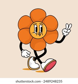 Walking flower character in vector illustration in vintage retro style. Retro cartoon Groovy walking smiling flower mascot showing two fingers, peace sign.
