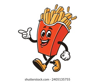 walking French fries with a pointing hand cartoon mascot illustration character vector clip art