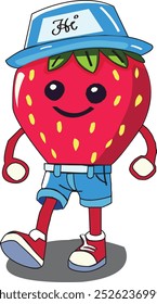 Walking fruit- A cute strawberry happily 
 walking with hat on the head.