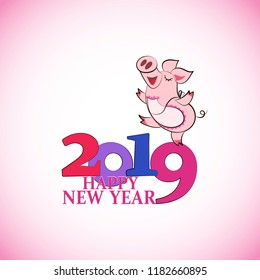 Walking funny pig. Chinese symbol of the 2019 year. Happy New Year. Greeting card, festive gift card with a place for greetings and wishes. Vector illustration. 