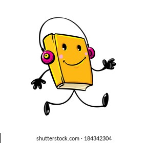 Walking funny smiley yellow book with pink headphones