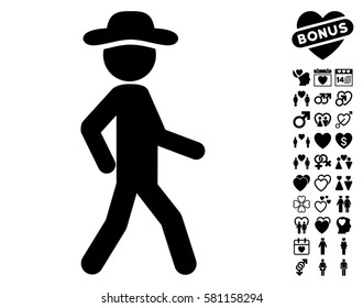 Walking Gentleman icon with bonus dating clip art. Vector illustration style is flat iconic black symbols on white background.