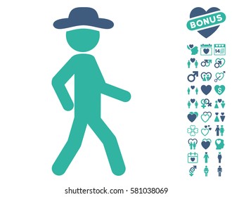 Walking Gentleman icon with bonus decoration graphic icons. Vector illustration style is flat iconic cobalt and cyan symbols on white background.