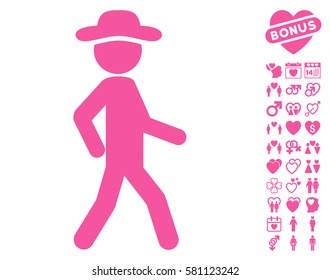 Walking Gentleman icon with bonus decoration clip art. Vector illustration style is flat iconic pink symbols on white background.