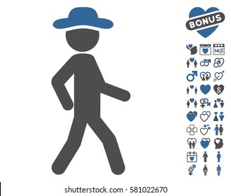 Walking Gentleman icon with bonus valentine clip art. Vector illustration style is flat iconic cobalt and gray symbols on white background.
