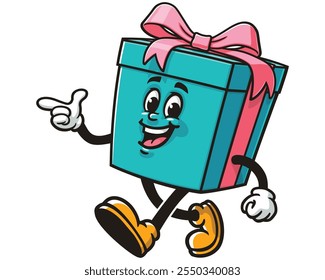 Walking Gift Box with pointing finger,   Cartoon Mascot Illustration Character Vector Clip-art Hand-drawn Logo Design