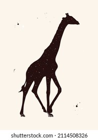Walking giraffe silhouette. Starry sky texture. Abstract animal shape