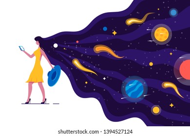 Walking girl with amazing hair vector illustration. Fashionable young woman holding smartphone. Female in yellow dress with space hairstyle taking off blue hat flat style concept