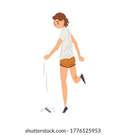 Walking Girl Dropping Her Smartphone, Sad Young Woman with Broken Phone Cartoon Style Vector Illustration