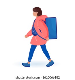 The walking girl - food delivery courier with big box. Vector isolated illustration in cartoon style