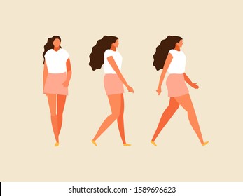 Walking girl front and side view illustration. Vector flat set