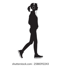 Walking girl with headset silhouette vector illustration