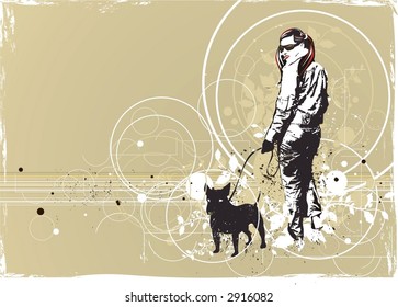 walking girl with her dog,abstract grunge & floral background