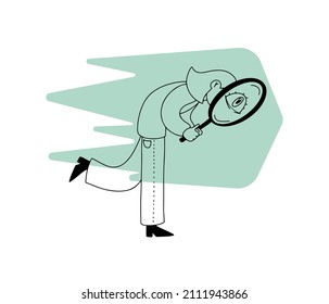 Walking girl with magnifying glass, concept of searching and seeking. Line art style isolated vector illustration