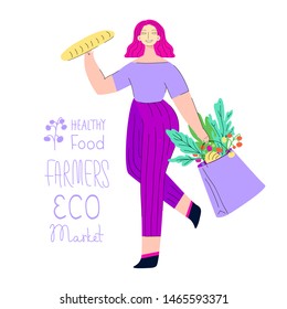 Walking girl with package full of vegetables and baguette in her hand. Vector illustration can be used for market concept, farmers festival poster, banner, flyer, organic food packaging, card, sticker