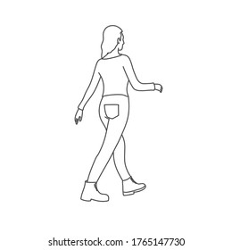 Walking girl. Rear View. Line drawing vector illustration.