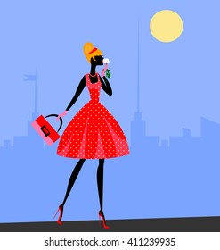 walking girl in red in the abstract sity