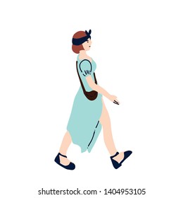 Walking girl in trendy flat linear style