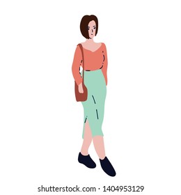 Walking girl in trendy flat linear style