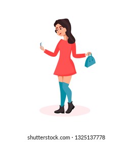 Walking girl using mobile phone. Social communication concept. Using for taking selfie, video call. Cartoon character illustration