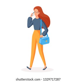 Walking girl using mobile phone. Social communication concept. Smiling cartoon character vector illustration.