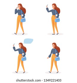 Walking Girl using mobile phone in different poses. Social communication concept SET. Smiling cartoon character vector illustration