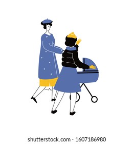 Walking girlfriends with stroller in winter clothes flat vector illustration. Winter season outdoor stroll. Friendship. Friendly rest, communication.Female friends  characters wearing warm outwear.