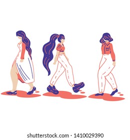 Walking girls with big limps and small head in trendy flat linear style for ux-ui design