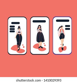 Walking girls with big limps and small head in trendy flat linear style for ux-ui design