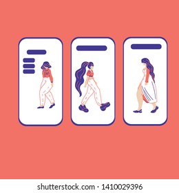 Walking girls with big limps and small head in trendy flat linear style for ux-ui design