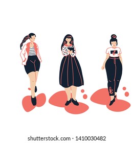 Walking girls with big limps and small head in trendy flat linear style for ux-ui design