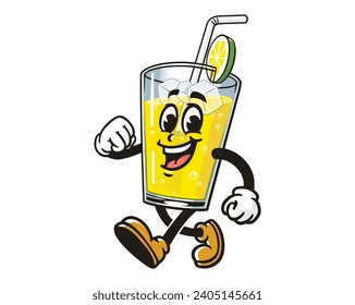 walking Glass of Lemon drink lemonade cartoon mascot illustration character vector clip art