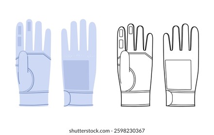 Walking Gloves blue cartoon and flat sketch outline Fashion hand accessory clothing technical illustration garment. Vector front palm back view for Men, women unisex style template on white background